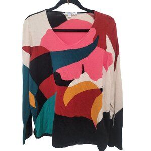 Chicos Abstract Multicolor V-Neck Long Sleeve Sweater XL Cotton & Rayon Blend
